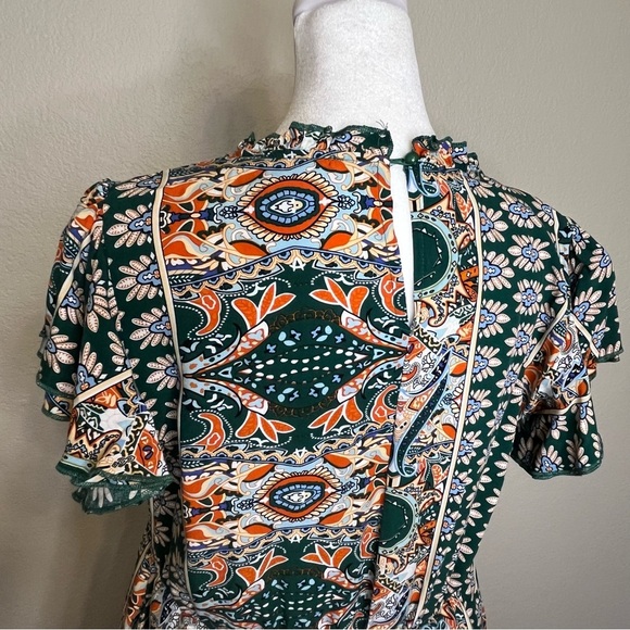 Kirundo Boho Floral Green and Orange Ruffle Sleeve Flowy Mini Dress Size Medium - Picture 8 of 16